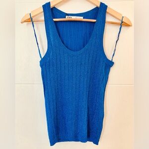 Zara Vibrant Metallic Shiny Blue Ribbed Tank Top